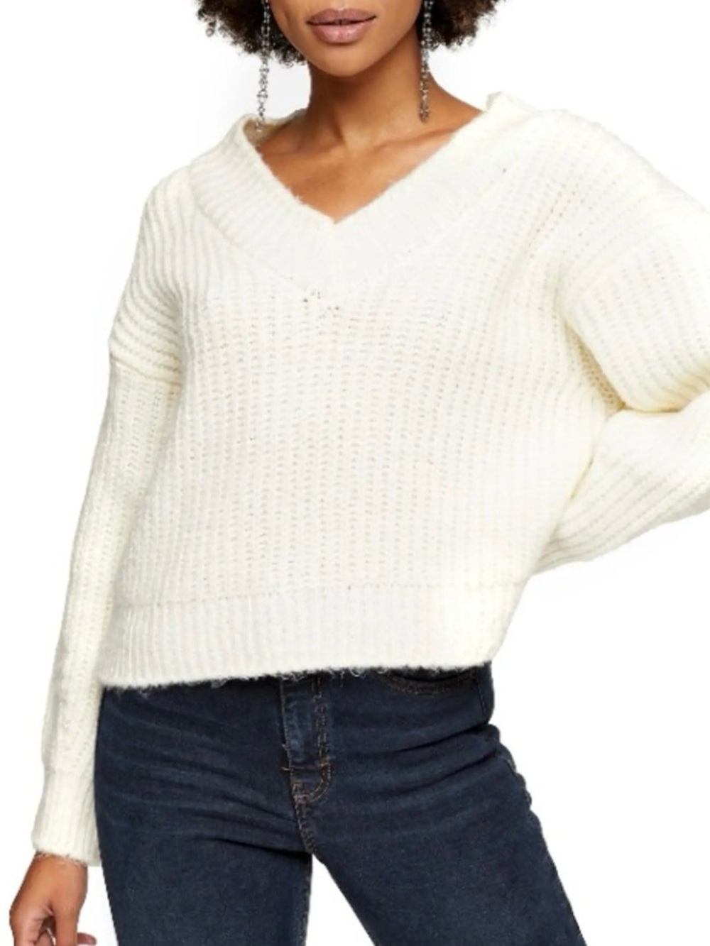 Topshop Cream V-Neck Ribbed Pullover Sweater